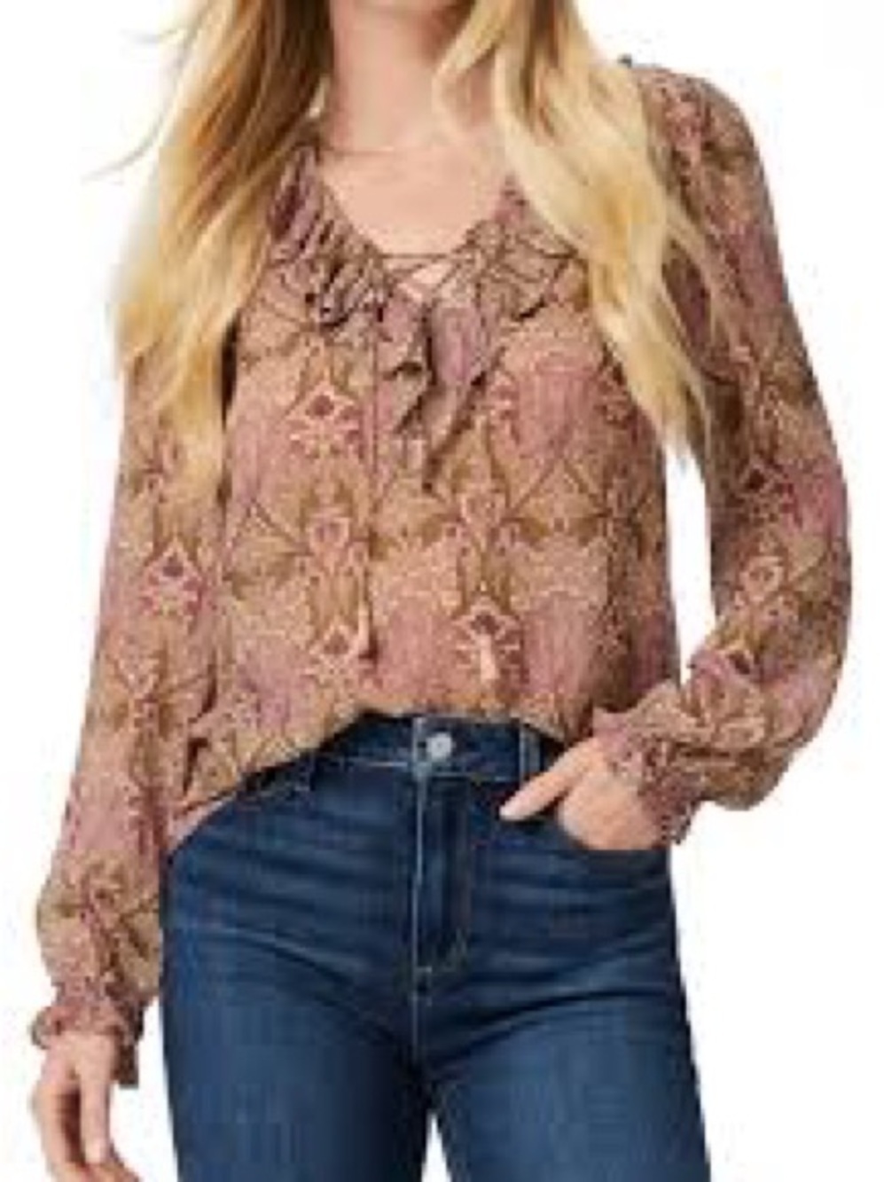 Morris & Co x Paige Boho Mauve-Pink Tie-Neck Long Sleeve Silk Blouse
